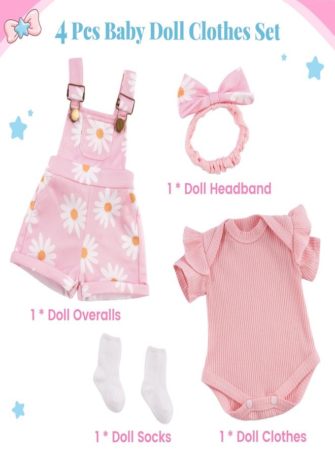 BABESIDE 4 Pcs Reborn Baby Doll Clothes for 17-22 Inch Babydolls, Cute Pink Flower Dolls Overalls Lifelike Reborn Baby Doll Accessories with Headband and Socks for Realistic Dolls Girl - Image 3